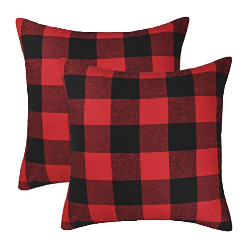 4TH Emotion Set of 2 Christmas Buffalo Check Plaid Throw Pillow Covers Cushion Case Polyester for Farmhouse Home Decor Red and Black, 18 x 18 Inches