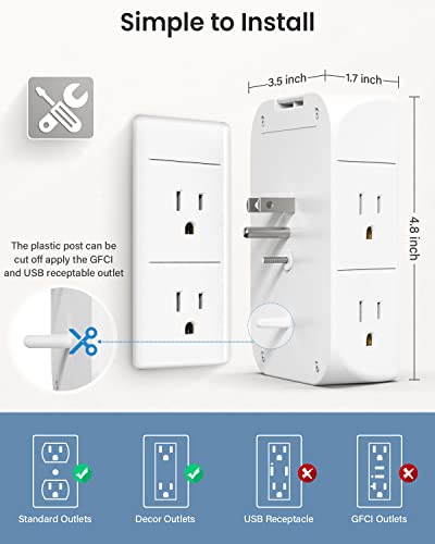 Mifaso Wall Outlet Extender with Shelf and Night Light,Surge Protector, Wall Charger with 5 USB Outlets and 3 USB Ports 1 USB C Outlet Wide Space 3-Sided Power Strip Multi Plug Outlets…