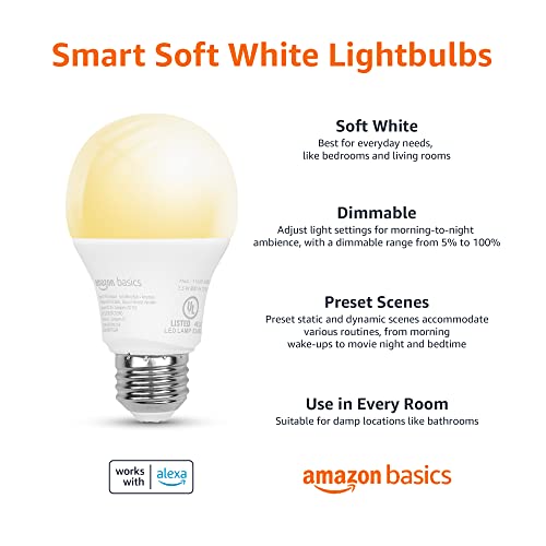 Amazon Basics Smart A19 LED Light Bulb, Dimmable Soft White, 2.4 GHz Wi-Fi, 60W Equivalent 800LM, Works with Alexa Only, 4-Pack, Certified for Humans