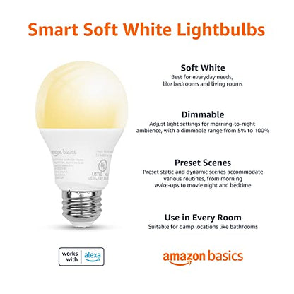 Amazon Basics Smart A19 LED Light Bulb, Dimmable Soft White, 2.4 GHz Wi-Fi, 60W Equivalent 800LM, Works with Alexa Only, 4-Pack, Certified for Humans