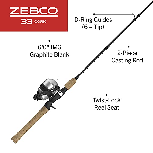 Zebco 33 Cork Spincast Reel and Fishing Rod Combo, 6-Foot 2-Piece Graphite Rod with Cork Handle, Quickset Anti-Reverse Fishing Reel with Bite Alert, Silver