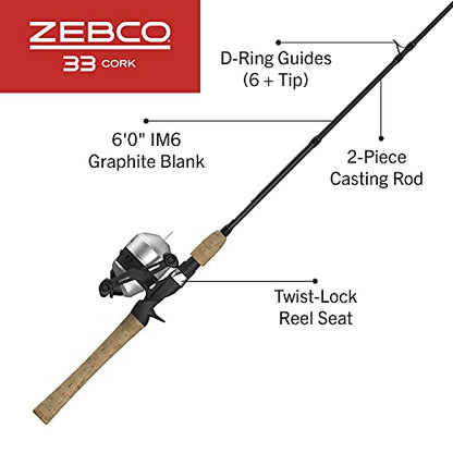 Zebco 33 Cork Spincast Reel and Fishing Rod Combo, 6-Foot 2-Piece Graphite Rod with Cork Handle, Quickset Anti-Reverse Fishing Reel with Bite Alert, Silver