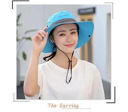 Womens Summer Sun-Hat Outdoor UV Protection Fishing Hat Wide Brim Foldable-Beach-Bucket-Hat with Ponytail-Hole SkyBlue