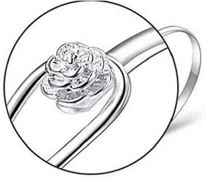 U-K Women Bangle Rose Flower Bangle Women Plating Jewelry 925 Silver Sterling Silver Solid Bangle Style Cuff Bangle Chain Bangle Jewelry Durable and Practical