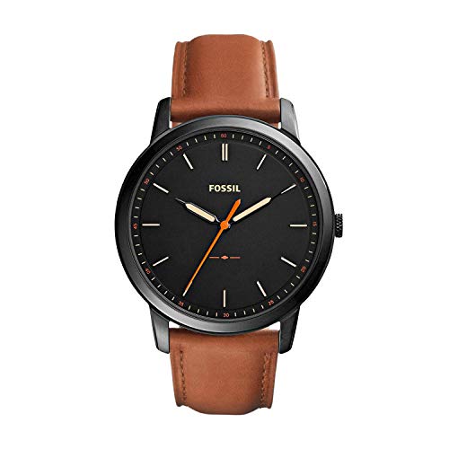 Fossil Men's Minimalist Quartz Stainless Steel and Leather Three-Hand Watch, Color: Black, Luggage (Model: FS5305)