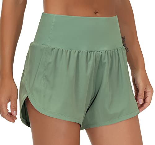 THE GYM PEOPLE Womens High Waisted Running Shorts Quick Dry Athletic Workout Shorts with Mesh Liner Zipper Pockets (Jasmine Green, Medium)