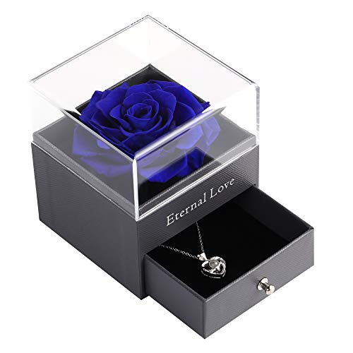 Ocosy Mothers Day Flower Gifts for Her, Preserved Real Flower Rose with Silver-Tone Heart Necklace I Love You in 100 Languages Gift Set, Enchanted Flower Rose Gifts, Blue