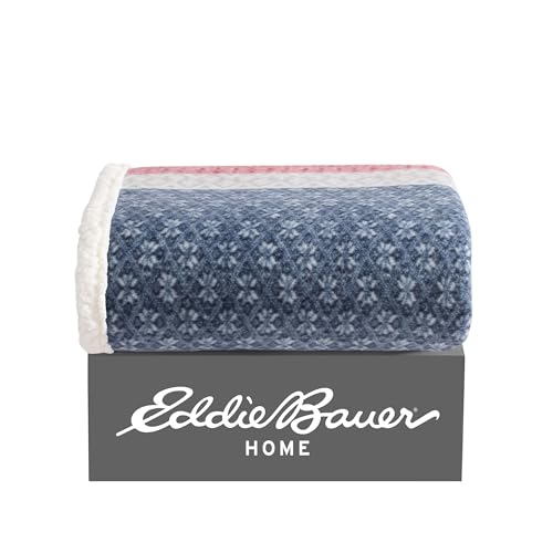 Eddie Bauer Brushed Throw Blanket Reversible Sherpa & Brushed Fleece, Lightweight Home Decor for Bed or Couch, Fair Isle Midnight