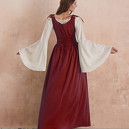 Abaowedding Womens's Medieval Renaissance Costume Cosplay Chemise and Over Dress Small/Large Wine Red and Ivory