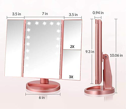 Infitrans 3 Folds Lighted Vanity Makeup Mirror,1X/2X/3X Magnification, 21 LED Bright Table Mirror with Touch Screen,180 Adjustable Rotation,Portable Travel Cosmetic Mirror