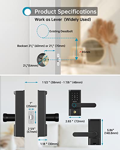 Keyless Entry Smart Door Lock - HEANTLE Smart Lock Fingerprint Door Lock with Lever Electronic Locks for Front Door Touchscreen Keypads Door Lock Automatic Lock Compatible with Alexa Google Home Black