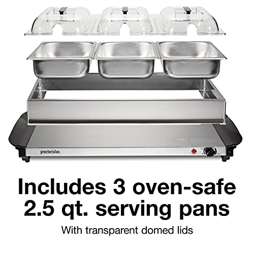 Proctor Silex Buffet Server & Food Warmer, Adjustable Heat, for Parties, Holidays and Entertaining, Three 2.5 Quart Oven-Safe Chafing Dish Set, Stainless Steel