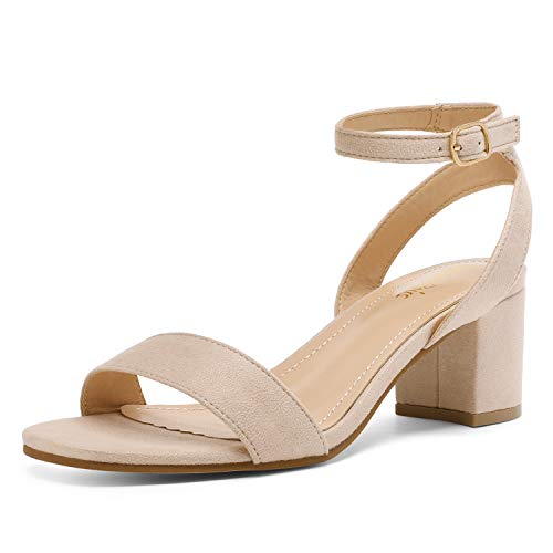 DREAM PAIRS Womens Carnival-W Open Toe Ankle Strap Low Block Chunky Heels Sandal Party Dress Pumps Shoes, Nude/Suede - 7 Wide