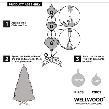 Wellwood 6 ft Tinsel Christmas Tree with 24ct Assorted Ornament Set, Metal Stand, Easy Assembly - Red