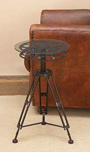 Deco 79 Metal Film Reel Accent Table with Tripod Legs and Glass Top, 15" x 15" x 25", Brown