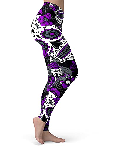 sissycos Women's Sugar Skull Leggings Buttery Soft Rose Printed Halloween Stretchy Pants (Large, Purple)