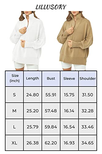 LILLUSORY White Winter Sweaters Winter Clothes 2023 Plus Size Sweaters Zipper Collared Sweatshirts Drop Shoulder Tunic Pullover Split Hem Knit Sweater Tops