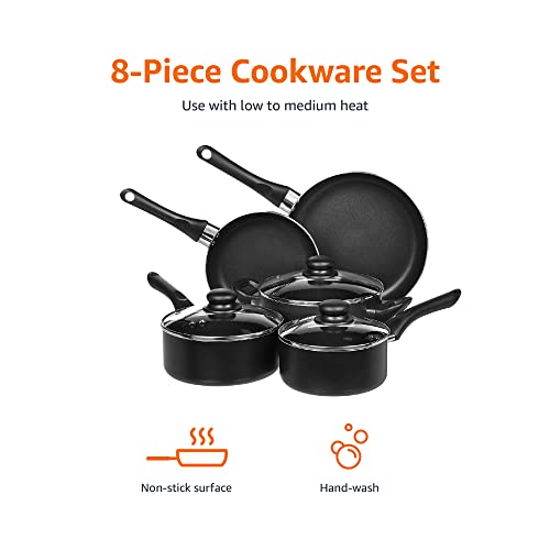 Amazon Basics Non-Stick Cookware 8-Piece Set, Pots and Pans, Black