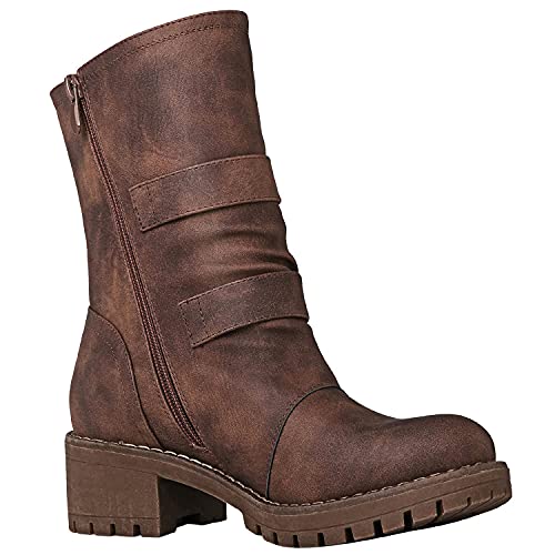 GLOBALWIN Women's Biker Boots Lace up Mid Calf Motorcycle Fashion Festival Boots Combat Riding Military Boots for Women Brown 8.5M