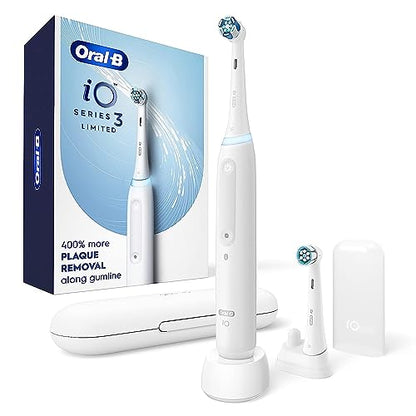 Oral-B iO Series 3 Limited Rechargeable Electric Powered Toothbrush, White with 2 Brush Heads and Travel Case - Visible Pressure Sensor to Protect Gums - 3 Modes - 2 Minute Timer