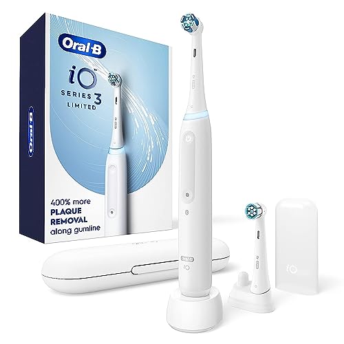 Oral-B iO Series 3 Limited Rechargeable Electric Powered Toothbrush, White with 2 Brush Heads and Travel Case - Visible Pressure Sensor to Protect Gums - 3 Modes - 2 Minute Timer