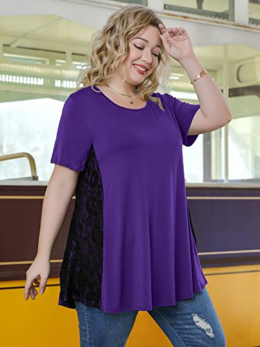 LARACE Short Sleeve Shirt For Womens Summer Clothes Lace Tunic Tops To Wear With Leggings Casual Plus Size Blouses(Deep Purple 1X)