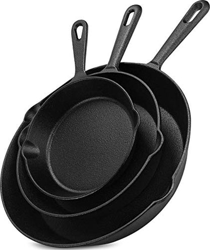 Utopia Kitchen - Saute fry pan - Pre-Seasoned Cast Iron Skillet Set 3-Piece - Nonstick Frying Pan 6 Inch, 8 Inch and 10 Inch Cast Iron Set (Black)