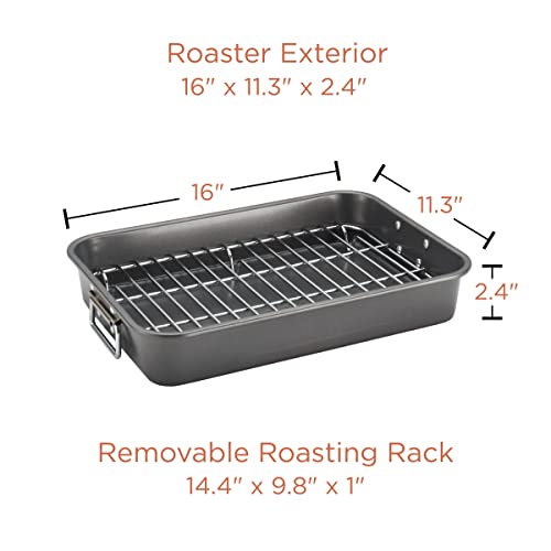 Farberware Bakeware Nonstick Steel Roaster with Flat Rack, 11-Inch x 15-Inch, Gray