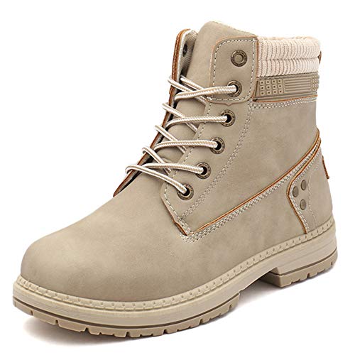 Athlefit Women's Work Waterproof Hiking Combat Boots Lace up Low Heel Booties Ankle Boots size 8 Khaki