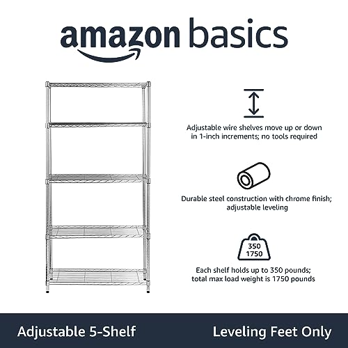 Amazon Basics 5-Shelf Adjustable, Heavy Duty Storage Shelving Unit (350 lbs loading capacity per shelf), Steel Organizer Wire Rack, Chrome, 36" L x 14" W x 72" H