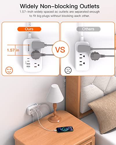 Flat Extension Cord, 5FT Flat Plug Power Strip with USB C, 6 Outlets 4 USB Ports (2 USB C) Slim Desk Charging Station, Power Strip with No Surge Protector for Cruise Ship, Dorm Room Travel Essentials