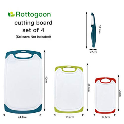 Cutting Boards for Kitchen, Plastic Chopping Board Set of 4 with Non-Slip Feet and Deep Drip Juice Groove, Easy Grip Handle, BPA Free, Non-porous, Dishwasher Safe, Green, Large