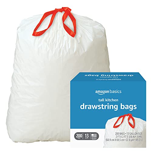 Amazon Basics Tall Kitchen Drawstring Trash Bags, 13 Gallon, Unscented, 200 Count (Previously Solimo)