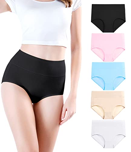 wirarpa Women's Cotton Underwear High Waist Briefs Full Coverage Panties Ladies Comfortable Underpants 5 Pack Assorted X-Small