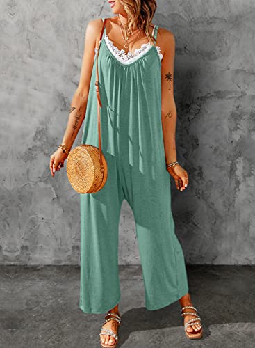 Dokotoo Women's Loose Jumpsuits for Women Adjustable Spaghetti Strap Stretchy Wide Leg Solid One Piece Sleeveless Long Pant Romper Jumpsuit with Pockets Green Small