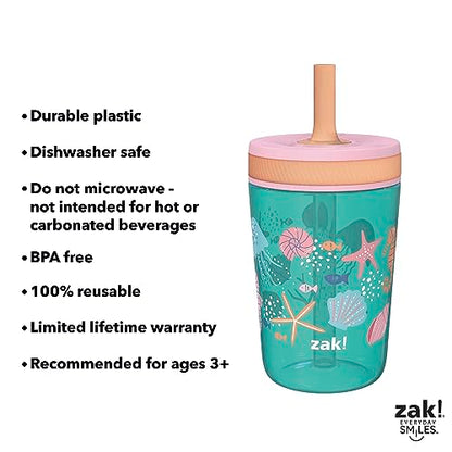 Zak Designs Kelso 15 oz Tumbler Set, (Shells) Non-BPA Leak-Proof Screw-On Lid with Straw Made of Durable Plastic and Silicone, Perfect Baby Cup Bundle for Kids (2pc Set)