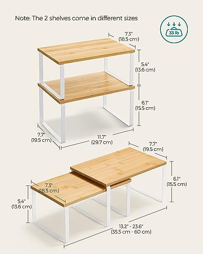 SONGMICS Cabinet Organizer Shelf, Set of 2 Kitchen Counter Shelves, Kitchen Storage, Spice Rack, Stackable, Expandable, Metal and Engineered Wood, White and Natural UKCS02NW