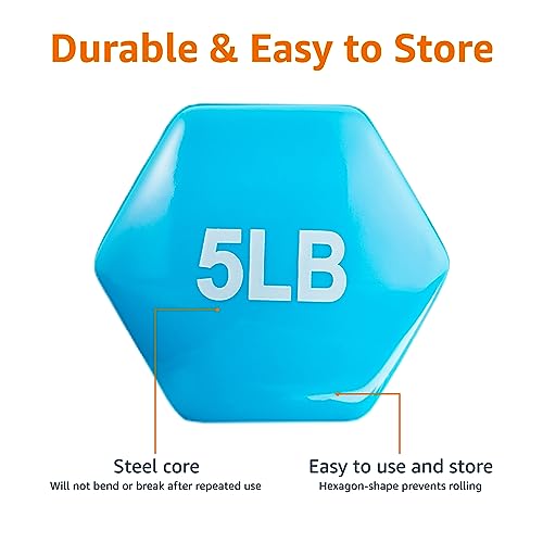 Amazon Basics Vinyl Hexagon Workout Dumbbell Hand Weight, 5 Pounds, Set of 2, Light Blue