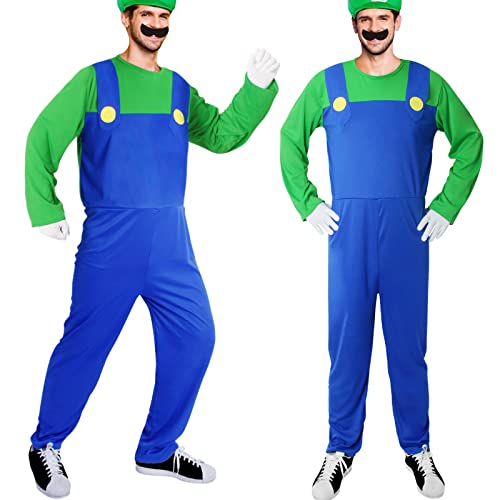 HEYFIZZ Super Brother Mario Costume for Adults-Mario and Luigi Costume for Men Halloween Cosplay Jumpsuit with Accessory (Green, L)