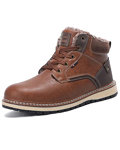 AX BOXING Mens Winter Boots Snow Boots Outdoor Warm Non Slip Fur Lined Ankle Boots Leather Shoes(Brown_Fur Lined, Size 8.5)