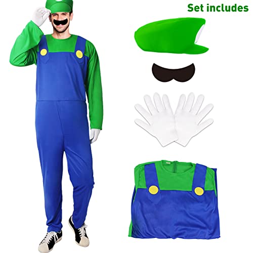 HEYFIZZ Super Brother Mario Costume for Adults-Mario and Luigi Costume for Men Halloween Cosplay Jumpsuit with Accessory (Green, L)
