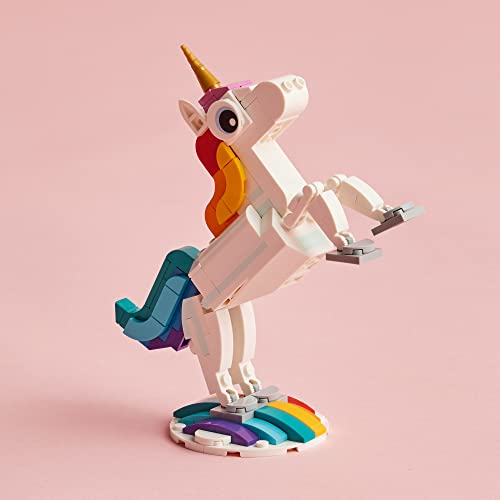 Lego Creator 3 in 1 Magical Unicorn Toy to Seahorse to Peacock 31140, Rainbow Animal Figures, Unicorn Gift for Girls and Boys, Buildable Toys