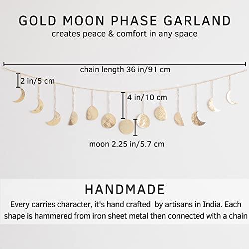 Moon Phase Wall Hanging, Handmade Hammered Gold Metal 13 Moons 36" Garland, Phases of the Moon, Celestial Lunar Art, Bohemian Aesthetic Gold Room Boho Decor for Bedroom Home Dorm Living Room Girl Gift