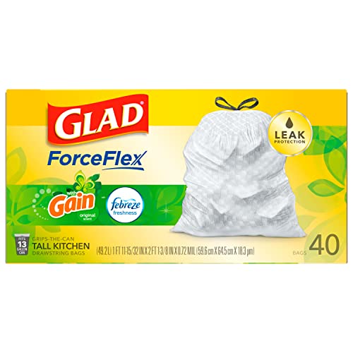 GLAD ForceFlex Tall Drawstring Trash Bags, 13 Gallon White Bags for Kitchen Can, Gain Original Scent to Eliminate Odors, 40 Count