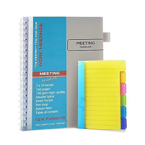 Meeting Notebook with plastic cover 160 pages of 120 gsm (7"x10"), Work Notebook designed with action planner and table of contents, Meeting Notebook For Work includes 60 lined sticky notes 4"x6"