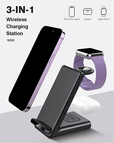 Wireless Charging Station,3 in 1 Wireless Charging Stand Made for Apple Watch Ultra 8 7 6 SE 5 4 3,Fast Wireless Charger Made for iPhone 14/14 Plus/14 Pro Max/13/12/11/X/8,AirPods Pro 2(with Adapter)