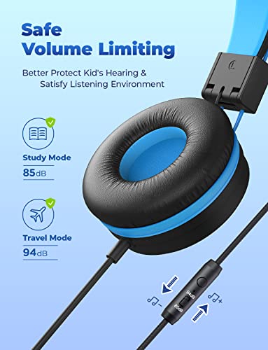 iClever HS14 Kids Headphones, Headphones for Kids with 94dB Volume Limited for Boys Girls, Adjustable Headband, Foldable, Child Headphones on Ear for Study Tablet Airplane School, Black, Blue