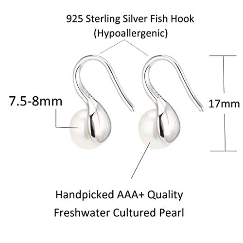 925 Sterling Silver Hoop Handpicked AAA+ Quality 7.5-8mm White Freshwater Cultured Pearl Dangle Drop Earrings Jewelry for Women Girls