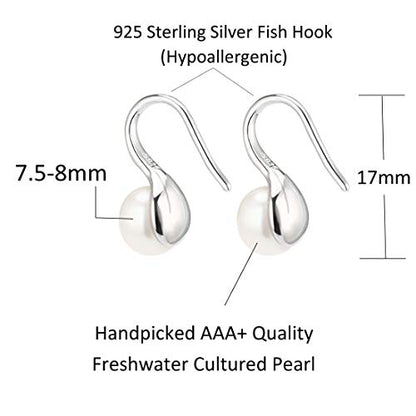 925 Sterling Silver Hoop Handpicked AAA+ Quality 7.5-8mm White Freshwater Cultured Pearl Dangle Drop Earrings Jewelry for Women Girls