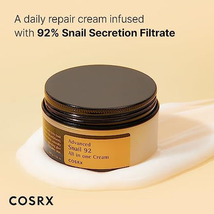 COSRX Advanced Snail 92 All in one Cream, 3.53 oz/100g | Moisturizing Snail Secretion Filtrate 92% | Facial Moisturiser, Long Lasting, Deep & Intense Hydration, Korean Skin Care